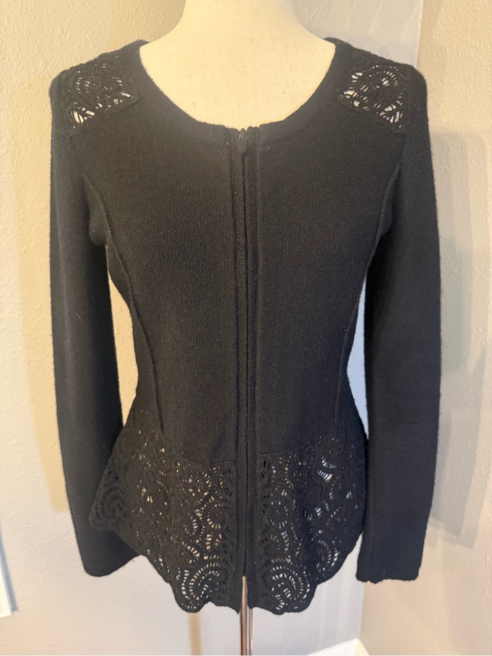 sparrow Black Zip Front Cardigan Sweater Jacket with Lacey trim.